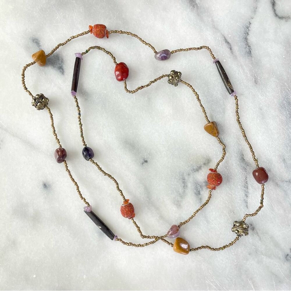 Vintage Handcrafted Multicolored Natural Stone Bead Necklace Long Strand Tribal